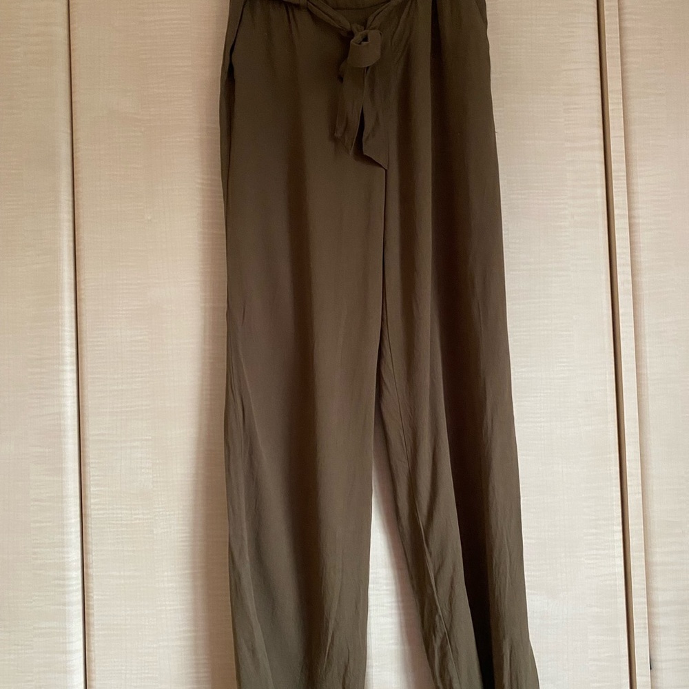 Tall High Waist Wide Leg Pant - Olive green flowy tie waist